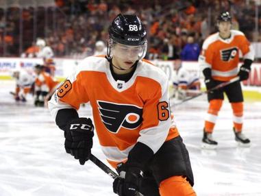 Morgan Frost of Philadelphia Flyers skates against the New Jersey