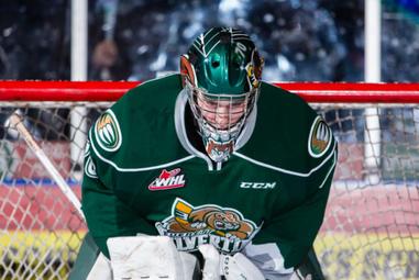 Everett Silvertips goaltender Carter Hart (70) waits by the bench during  warmups before facing the Prince George Cougars on Saturday, Nov. 26, 2016  at Xfinity Arena in Everett, Washington. Everett defeated Prince