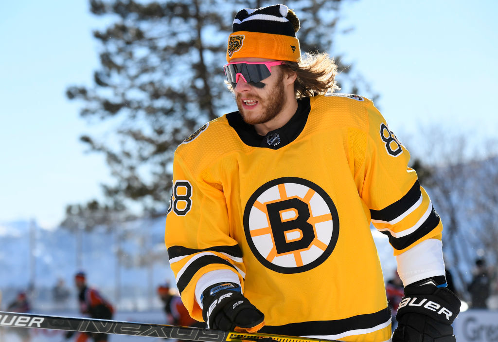 David Pastrnak of the Boston Bruins warms up prior to the 2019