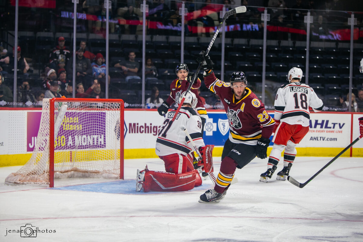 March 18, 2022: Cleveland Monsters forward Carson Meyer (17) stands behind  the net in the first period against the Rochester Americans. The Rochester  Americans hosted the Cleveland Monsters in an American Hockey