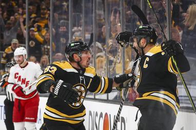 Patrice Bergeron and Brad Marchand - 2019 NHL Stanley Cup Final - Game Five