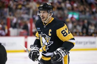 Sidney Crosby of the Pittsburgh Penguins looks on during a